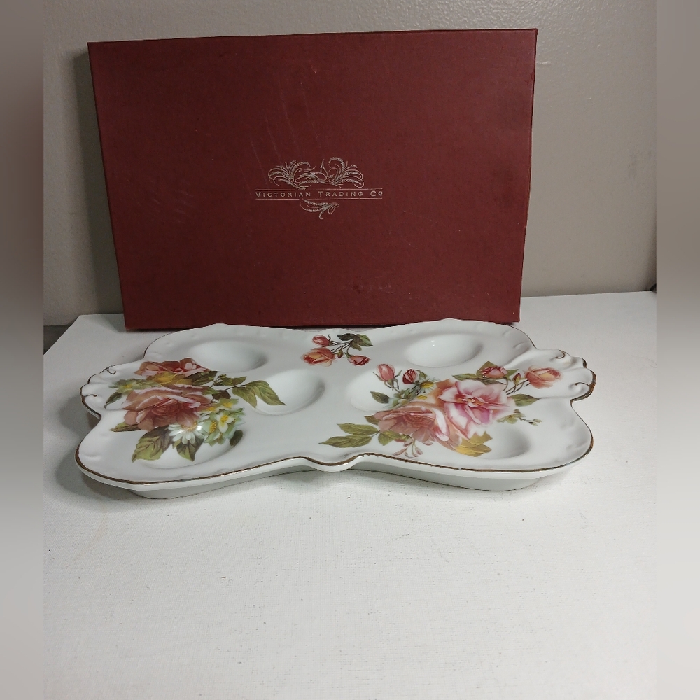 Victoria Trading Company porcelain deviled egg serving tray, white with pink ros
